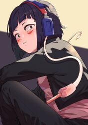 Rule 34 | 1girl, absurdres, asymmetrical bangs, audio jack, black background, black eyes, black hair, black jacket, black pants, blunt bangs, blush, bob cut, boku no hero academia, breasts, commentary, cropped jacket, ear blush, elbow on knee, embarrassed, facepaint, facial mark, fcgc (friedalwaysgood), foreshortening, from below, from side, frown, headphones, highres, inverted bob, jacket, jirou kyouka, knee up, light frown, long earlobes, looking at viewer, looking down, looking to the side, pants, parted lips, pink shirt, shirt, short hair, sitting, small breasts, solo, yellow background