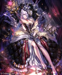 Rule 34 | 1girl, black gloves, blue eyes, breasts, checkered floor, cleavage, collarbone, crown, dress, earrings, gloves, hair over one eye, holding, holding staff, irua, jewelry, large breasts, long hair, looking at viewer, necklace, pointy ears, shingeki no bahamut, silver hair, sitting, sleeveless, sleeveless dress, solo, staff, strapless, strapless dress