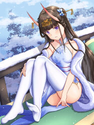 Rule 34 | 1girl, :d, are you 333, ass, azur lane, bare shoulders, black hair, blush, breasts, brown hair, china dress, chinese clothes, coat, commentary request, day, dress, from side, full body, fur-trimmed coat, fur trim, grin, hair ornament, hand on own knee, highres, knees together feet apart, knees up, long hair, looking at viewer, no panties, noshiro (azur lane), oni, open mouth, outdoors, parted lips, purple eyes, small breasts, smile, snowflake print, snowflakes, snowing, solo, thighhighs, upskirt, very long hair