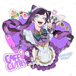 Rule 34 | 1girl, apron, artist name, bow, bowtie, cafe cuties jinx, english text, fingernails, green bow, green bowtie, green eyes, hair between eyes, highres, jinx (league of legends), league of legends, long hair, looking at viewer, maid, maid apron, nail polish, official alternate costume, official alternate hairstyle, open mouth, puffy sleeves, purple hair, purple nails, short sleeves, simple background, smile, solo, teeth, twintails, upper body, white background, wosashimi