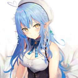 Rule 34 | 1girl, absurdres, ahoge, beret, blouse, blue hair, blue ribbon, blush, braid, breasts, cleavage, cleavage cutout, closed mouth, clothing cutout, commentary, flower, hair flower, hair ornament, hat, heart, heart ahoge, highres, hololive, kejirion, light blue hair, long hair, looking at viewer, medium breasts, multicolored hair, neck ribbon, orange eyes, plaid, plaid ribbon, pointy ears, ribbon, shirt, simple background, sleeveless, sleeveless shirt, smile, solo, streaked hair, two-tone hair, upper body, virtual youtuber, white background, white hat, white shirt, yukihana lamy