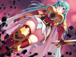 Rule 34 | 1girl, aqua eyes, aqua hair, armor, blush, boots, boris (noborhys), cameltoe, cape, chromatic aberration, cowboy shot, dutch angle, eirika (fire emblem), fire emblem, fire emblem: the sacred stones, fire emblem heroes, from below, gloves, hair between eyes, highres, holding, holding weapon, long hair, looking at viewer, miniskirt, motion blur, nintendo, open mouth, outdoors, panties, pantyshot, red thighhighs, skirt, solo, sweat, sword, thigh boots, thighhighs, thighs, underwear, weapon
