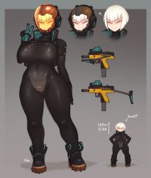 Rule 34 | 1girl, black bodysuit, bodysuit, boots, breasts, character sheet, commentary, covered erect nipples, covered navel, english commentary, english text, full body, gloves, gradient background, gun, hands on own hips, heart, helmet, highres, justrube, large breasts, looking at viewer, measurements, multiple views, original, short hair, signature, simple background, skin tight, smile, spacesuit, submachine gun, v, weapon, white hair