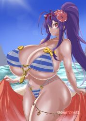Rule 34 | 1girl, absurdres, alternate breast size, antenna hair, bare shoulders, beach, bikini, blazblue, breasts, cleavage, curvy, dais729sof, eyewear on head, flower, gigantic breasts, heart, heart-shaped eyewear, heart o-ring, hibiscus, highres, huge breasts, long hair, mai natsume, multi-strapped bikini, navel, ocean, ponytail, purple hair, red eyes, red sarong, ribbon, sarong, sidelocks, sky, solo, stomach, striped bikini, striped clothes, sweat, swimsuit, wide hips, yellow ribbon