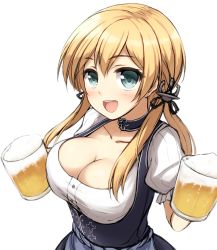 Rule 34 | 10s, 1girl, alcohol, alternate costume, anchor hair ornament, beer, beer mug, blonde hair, breasts, cleavage, cross, cup, dirndl, don (29219), dress, female focus, german clothes, green eyes, hair ornament, hat, iron cross, jewelry, kantai collection, large breasts, long hair, looking at viewer, mug, necklace, october, oktoberfest, open mouth, prinz eugen (kancolle), simple background, smile, solo, twintails, underbust, upper body, white background