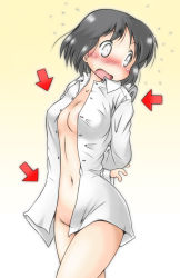 Rule 34 | 1girl, arms behind back, arrow (symbol), black hair, blush, breasts, censored, cleavage, constricted pupils, convenient censoring, dress shirt, flying sweatdrops, gaketsu, gradient background, grey eyes, hip focus, naked shirt, navel, nichijou, no bra, no panties, open clothes, open mouth, open shirt, shinonome nano, shirt, short hair, surprised, thighs, unbuttoned, wide hips, winding key