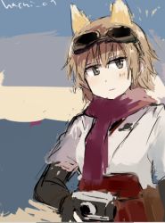 Rule 34 | 1girl, animal ears, bad id, bad twitter id, brown eyes, brown hair, camera, fox ears, goggles, goggles on head, japanese clothes, katou keiko, lowres, ohashi (hashidate), scarf, short hair, sketch, smile, solo, strike witches, twitter username, world witches series