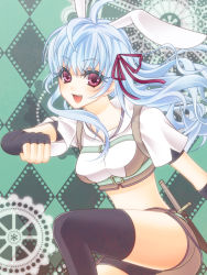 Rule 34 | 1girl, animal ears, argyle, argyle background, argyle clothes, black gloves, black thighhighs, blue hair, blush, breasts, brown shirt, brown skirt, commentary request, crop top, dagger, elbow gloves, feet out of frame, fingerless gloves, gloves, green background, hair between eyes, hair ribbon, hunter (ragnarok online), knife, long hair, looking at viewer, medium breasts, miniskirt, nia (littlestars), open mouth, rabbit ears, ragnarok online, red eyes, red ribbon, ribbon, shirt, short shorts, short sleeves, shorts, shorts under skirt, skirt, smile, solo, thighhighs, two-tone shirt, weapon, white shirt