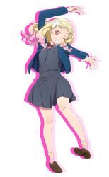 Rule 34 | 1girl, ;d, blazer, blonde hair, blue jacket, braid, brown footwear, collared shirt, dress, drop shadow, flower, full body, gradient hair, grey dress, grin, hair flower, hair ornament, jacket, loafers, long hair, long sleeves, looking at viewer, love live!, love live! superstar!!, multicolored hair, neck ribbon, official art, one eye closed, onitsuka natsumi, open clothes, open jacket, open mouth, pinafore dress, pink eyes, pink hair, pink socks, red ribbon, ribbon, school uniform, shirt, shoes, short dress, sleeveless, sleeveless dress, smile, socks, solo, standing, transparent background, twin braids, white flower, white shirt, winter uniform, yuigaoka school uniform