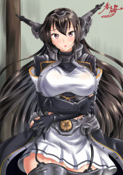Rule 34 | 10s, 1girl, black gloves, black hair, breasts, commentary request, crossed arms, elbow gloves, garter straps, gloves, headgear, kantai collection, kasugano tobari, large breasts, long hair, miniskirt, nagato (kancolle), nagato kai ni (kancolle), open mouth, pleated skirt, red eyes, skirt, solo, thighhighs
