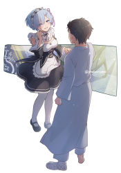 Rule 34 | 1boy, 1girl, apron, black dress, black hair, black pants, black ribbon, blue eyes, blue hair, blush, bow, breasts, cleavage, commentary request, detached sleeves, dress, frills, from behind, full body, hair over one eye, hair ribbon, happy tears, highres, hospital gown, looking at another, maid, maid headdress, mary janes, medium breasts, natsuki subaru, neck ribbon, open mouth, pants, pantyhose, re:zero kara hajimeru isekai seikatsu, rem (re:zero), ribbon, roswaal mansion maid uniform, shake sawa, shoes, short hair, smile, table, tears, tile floor, tiles, waist apron, white pantyhose, wiping tears