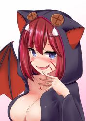 Rule 34 | 1girl, animal hood, areola slip, bad id, bad pixiv id, bat wings, blood, blue eyes, blush, breasts, character request, collarbone, copyright request, covered erect nipples, facepaint, fang, finger to mouth, highres, hood, hoodie, large breasts, looking at viewer, naked hoodie, natu sksp, nose blush, open clothes, open hoodie, open mouth, red hair, short hair, slit pupils, smile, solo, upper body, virtual youtuber, wings