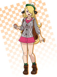 Rule 34 | 1girl, bag, blonde hair, boots, breasts, carrying, carrying over shoulder, checkered background, cosplay, creatures (company), cynthia (pokemon), feet, female focus, full body, fur ball, game freak, gloria (pokemon), gloria (pokemon) (cosplay), green hat, habatakuhituji, hair over one eye, hand up, happy, hat, holding, holding poke ball, jacket, large breasts, legs, long hair, looking at viewer, nintendo, open mouth, poke ball, pokemon, pokemon dppt, pokemon swsh, purple eyes, simple background, skirt, smile, solo, standing, thighs