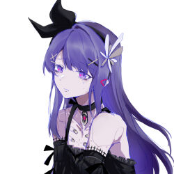 Rule 34 | 1boy, bare shoulders, beizhi, black choker, black dress, black hairband, chinese commentary, choker, commentary, crying, crying with eyes open, detached sleeves, dress, flower, flower hairband, hair flower, hair ornament, hairband, hairclip, highres, lithos (punishing: gray raven), long hair, mechanical parts, parted lips, punishing: gray raven, purple eyes, purple hair, solo, tears, trap, triangle hair ornament, white background, x hair ornament