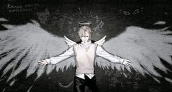 Rule 34 | 1boy, absurdres, angel wings, black pants, brown hair, chalkboard, collared shirt, cowboy shot, daxi, drawn halo, drawn wings, dress shirt, feathers, glint, grey hair, hair between eyes, halo, highres, kanae (nijisanji), long sleeves, looking at viewer, male focus, mole, mole under eye, nijisanji, outstretched arms, pants, popped collar, shirt, short hair, sleeves past wrists, smile, solo, spread arms, spread wings, sweater vest, untucked shirt, virtual youtuber, white shirt, white wings, wing collar, wings