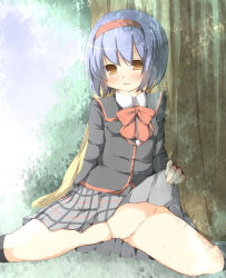 Rule 34 | 1girl, absurdres, blue hair, blush, brown eyes, clothes lift, hairband, highres, little busters!, looking at viewer, nishizono mio, no panties, plaid, plaid skirt, pussy, school uniform, short hair, skirt, skirt lift, solo, tabuchi (tabuchisanchi), tabuchisan, tree, uncensored, underwear