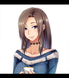 Rule 34 | 1girl, blue eyes, brown hair, choker, cup, dream demon, earrings, fatal frame, fatal frame 5, jewelry, kurosawa hisoka, letterboxed, long hair, looking at viewer, mole, mole under mouth, smile, solo, teacup, tecmo, upper body