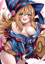 Rule 34 | 1girl, :d, bare shoulders, belt, blonde hair, blush stickers, breasts, brown belt, cleavage, commentary request, dark magician girl, duel monster, green eyes, green leotard, hat, heart, highres, holding, holding staff, large breasts, leotard, long hair, looking at viewer, open mouth, shiny skin, smile, solo, staff, teeth, tongue, trista (makkoivenus), upper teeth only, white background, wizard hat, yu-gi-oh!
