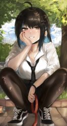 Rule 34 | 1girl, absurdres, ahoge, black bow, black hair, black nails, black necktie, black skirt, blue hair, blush, bow, breasts, brown eyes, brown hair, brown pantyhose, can, cleavage, collarbone, collared shirt, commentary, cross, cross-laced footwear, cross earrings, day, earrings, english commentary, full body, grass, grin, hair between eyes, hair bow, hand on own cheek, hand on own face, heart, heart-shaped pupils, highres, holding, holding leash, irene (kanniiepan), jewelry, kanniiepan, leash, long sleeves, looking at viewer, medium breasts, medium hair, mole, mole under eye, multicolored hair, nail polish, necktie, original, outdoors, pantyhose, pov, shirt, shoes, skirt, sleeves rolled up, smile, solo, squatting, symbol-shaped pupils, tree, two-tone hair, viewer on leash, white shirt, wristband