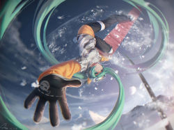 Rule 34 | 1girl, black gloves, blue eyes, blue hair, blush, dated, derivative work, gloves, goggles, goggles on head, hatsune miku, highres, long hair, looking at viewer, photo-referenced, shon, signature, smile, snow, snowboard, snowboarding, snowing, solo, teeth, twintails, upside-down, vocaloid