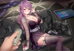 Rule 34 | 1girl, adjusting hair, alcohol, banknote, black thighhighs, blush, breasts, cleavage, couch, cup, dollar bill, dress, drinking glass, garter straps, highres, large breasts, lips, looking at viewer, mole, mole under eye, money, original, playing with own hair, prostitution, purple hair, seductive smile, see-through, see-through legwear, see-through sleeves, short dress, sitting, smile, thighhighs, tucked money, weapon, wine, wine glass, yingyin03034176