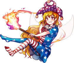 Rule 34 | 1girl, american flag dress, american flag legwear, blonde hair, clownpiece, fairy wings, hat, jester cap, long hair, neck ruff, open mouth, pantyhose, pink eyes, short sleeves, smile, solo, striped clothes, striped pantyhose, torch, touhou, uranaishi (miraura), very long hair, wings
