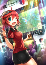 Rule 34 | 1girl, akuko (arc), blue eyes, gia, goggles, goggles on head, league of legends, one eye closed, original, polo shirt, red hair, short hair, solo focus, sona (league of legends), square enix, wink