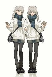 Rule 34 | 2girls, bag, black pantyhose, brown eyes, closed mouth, drill hair, expressionless, full body, grey background, grey footwear, grey hair, hair between eyes, hand in pocket, highres, holding, holding phone, kimura 731, long hair, looking at viewer, multiple girls, original, pantyhose, phone, scarf, shadow, shorts, shoulder bag, siblings, simple background, sisters, standing, striped clothes, striped scarf, twins