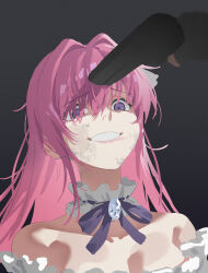 Rule 34 | 1girl, 1other, bare shoulders, braid, breasts, cleavage, detached collar, dirty, dirty face, dorothy (nikke), dress, frilled dress, frills, goddess of victory: nikke, grin, gun, gun to head, hair bun, hair ribbon, large breasts, long hair, looking at viewer, pink hair, purple eyes, purple ribbon, ribbon, smile, weapon, wge, white dress
