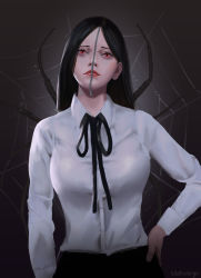 Rule 34 | 1girl, black hair, black skirt, breasts, bug, chainsaw man, collared shirt, commentary, english commentary, hand on own hip, highres, long hair, mekivango, monster girl, princi (chainsaw man), red eyes, shirt, silk, skirt, solo, spider, spider web, white shirt, zipper