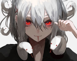 Rule 34 | 1girl, absurdres, forked tongue, glowing, glowing eyes, hair ornament, highres, looking at viewer, original, pikuson, red eyes, simple background, snake, snake hair, tongue, tongue out, upper body, white hair, x hair ornament