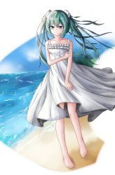 Rule 34 | 1girl, absurdly long hair, anniversary, aqua eyes, aqua hair, artist name, artist request, bare legs, bare shoulders, barefoot, beach, blue eyes, blue hair, blue sky, breasts, cloud, collarbone, day, dress, feet, female focus, frilled dress, frills, full body, hair ornament, hair scrunchie, hatsune miku, highres, long hair, looking at viewer, ocean, outdoors, parted lips, qinne ikaled, scrunchie, skirt, sky, small breasts, smile, solo, sundress, twintails, very long hair, vocaloid, white dress, white scrunchie, white skirt