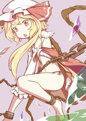 Rule 34 | 1girl, bare legs, barefoot, blonde hair, blush, chain, cuffs, detached sleeves, flandre scarlet, hat, highres, open mouth, panties, red eyes, shackles, short hair, side-tie panties, side ponytail, sokutenkun, solo, touhou, underwear, wings