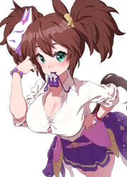 Rule 34 | 1girl, animal ears, bag charm, bead bracelet, beads, blush, bracelet, breasts, brown hair, charm (object), cleavage, fox mask, green eyes, hair ribbon, hand on own hip, highres, horse ears, horse girl, horse tail, inari one (umamusume), jewelry, large breasts, looking at viewer, mask, mask on head, mouth hold, onsoku inu, open clothes, open shirt, playing with own hair, purple skirt, ribbon, simple background, skirt, solo, tail, twintails, umamusume, white background