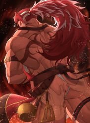 Rule 34 | 1boy, alternate costume, anus, apron, armband, ass, ass grab, back tattoo, bara, bellsaltr, black background, feet out of frame, fire, fundoshi, granblue fantasy, highres, huge ass, japanese clothes, leather, leather belt, light particles, long hair, looking back, male focus, manly, mature male, multicolored hair, muscular, muscular male, official alternate costume, ponytail, red hair, simple background, solo, spatula, spiked hair, spoon, spread ass, tan, tattoo, thick arms, thick thighs, thighs, white hair, wilnas (apron of ardor) (granblue fantasy), wilnas (granblue fantasy), yellow eyes