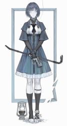 Rule 34 | 1girl, absurdres, blue theme, breasts, commentary, crowbar, dress, fingerless gloves, flower, full body, gloves, gun, handgun, highres, holding, holding gun, holding weapon, iuui, joints, kneehighs, lantern, layered sleeves, long sleeves, looking at viewer, necktie, original, parted lips, robot joints, short hair, short necktie, simple background, small breasts, socks, solo, standing, symbol-only commentary, toeless legwear, weapon