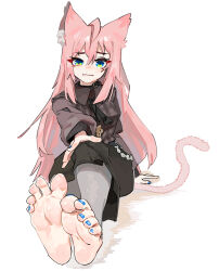 Rule 34 | 1girl, animal ears, barefoot, blue eyes, cat tail, er ling balu, feet, hand on own knee, highres, light blush, long hair, looking at viewer, pink hair, soles, tail, toes