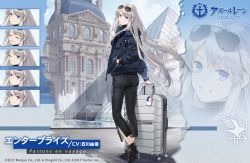 Rule 34 | 1girl, azur lane, black footwear, boots, denim, eagle union (emblem), enterprise (azur lane), enterprise (bon voyage) (azur lane), expressions, eyewear on head, from behind, grin, hand in pocket, hao (patinnko), high heel boots, high heels, holding, holding suitcase, jacket, jeans, long hair, looking at viewer, louvre pyramid, official alternate costume, official art, outdoors, pants, promotional art, purple eyes, silver hair, smile, standing, suitcase, sunglasses, very long hair, watch, wristwatch