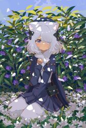 Rule 34 | 1girl, animal ear fluff, animal ears, bag, between legs, black bow, blue capelet, blue eyes, blue skirt, blue sky, blush, bow, capelet, cat ears, cat girl, closed mouth, commentary request, eyepatch, falling petals, flower, full body, hair over one eye, hair ribbon, hand between legs, hand on own chest, kgt (pixiv12957613), kneeling, lily (flower), long sleeves, looking at viewer, medium hair, original, pantyhose, petals, plant, pleated skirt, ribbon, scarf, shirt, shirt tucked in, shoulder bag, skirt, sky, solo, star (symbol), star print, white hair, white pantyhose, white scarf, white shirt