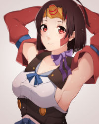 Rule 34 | 10s, 1girl, akuan (7jackpot7), armpits, arms behind head, bad id, bad pixiv id, beige background, bow, breasts, brown eyes, brown hair, commentary request, detached sleeves, forehead protector, koutetsujou no kabaneri, looking at viewer, medium breasts, mumei (kabaneri), nontraditional miko, shrug (clothing), smile, solo, upper body