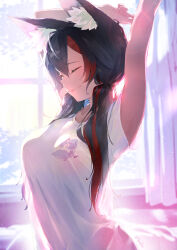 1girl absurdres animal_ear_fluff animal_ears arms_up backlighting black_hair blush breasts closed_eyes commentary hair_between_eyes hair_over_shoulder highres hololive light_particles long_hair multicolored_hair ookami_mio ponytail red_hair shirt smile solo streaked_hair stretching t-shirt torokko upper_body virtual_youtuber waking_up white_shirt wolf_ears wolf_girl