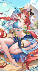 Rule 34 | 1girl, absurdres, aqua eyes, arm up, bare legs, bare shoulders, barefoot, blue skirt, blue sky, breasts, brooch, cloud, commentary request, crop top, day, detached sleeves, fake horns, genshin impact, highres, horns, jewelry, long hair, looking at viewer, medium breasts, midriff, navel, nilou (genshin impact), pyramid (structure), red hair, sitting, skirt, sky, smile, solo, stomach, thighlet, thighs, veil, very long hair, water, xingchee