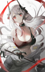 Rule 34 | 1girl, absurdres, arknights, black bra, black gloves, blurry, bra, breasts, chest sarashi, cleavage, closed mouth, coat, commentary, cowboy shot, demon horns, depth of field, ear piercing, elite ii (arknights), expressionless, floating hair, gloves, grey hair, hair ornament, highres, holding, holding weapon, horns, infection monitor (arknights), large breasts, long hair, looking to the side, material growth, mudrock (arknights), mudrock (elite ii) (arknights), navel, open clothes, open coat, oripathy lesion (arknights), piercing, pointy ears, red eyes, red ribbon, ribbon, sarashi, simple background, solo, soyoong jun, sports bra, standing, stomach, underwear, weapon, white background, white coat