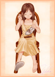 Rule 34 | bare shoulders, barefoot, brown hair, chair, closed eyes, feet, full body, long hair, original, scar, shoes, signature, single shoe, sitting, smile, solo, stitches, yukihiro