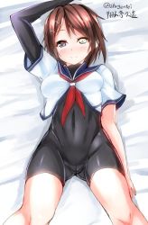 Rule 34 | 10s, 1girl, bed sheet, black gloves, black thighhighs, blue skirt, blush, bodystocking, breasts, brown eyes, brown hair, covered erect nipples, covered navel, crop top, elbow gloves, furutaka (kancolle), furutaka kai ni (kancolle), gloves, hair ornament, hairclip, heterochromia, impossible clothes, kantai collection, kuon (break through), looking at viewer, lying, on back, school uniform, serafuku, short hair, skirt, small breasts, smile, solo, thighhighs, twitter username, yellow eyes