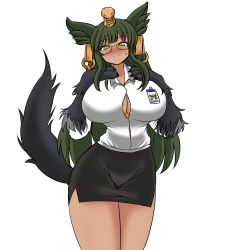 Rule 34 | absurdres, animal ears, anubis (monster girl encyclopedia), arm hair, bare legs, blush, breasts, cleavage cutout, clothing cutout, deculture, feet out of frame, glasses, green eyes, green hair, highres, huge breasts, id card, long hair, miniskirt, monster girl, monster girl encyclopedia, second-party source, side slit, skirt, sweatdrop, tail