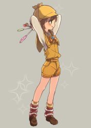 Rule 34 | 1girl, :q, arms behind head, arms up, bare legs, blue eyes, blush, bow, brown capelet, brown footwear, brown hair, brown shirt, brown shorts, candy, capelet, child, eyes visible through hair, female focus, food, from side, full body, grey background, hat, holding, holding behind back, holding candy, holding food, holding lollipop, legs apart, licking lips, lollipop, long sleeves, loose socks, lr., nose, orange bow, overall shorts, overalls, profile, red socks, shirt, shoes, shorts, simple background, socks, solo, sparkle, standing, star (symbol), striped clothes, striped socks, swirl lollipop, tantei opera milky holmes, tareme, tongue, tongue out, white shirt, yellow hat, yellow overalls, yellow socks, yuzurizaki nero