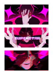 Rule 34 | 1boy, black lips, chromatic aberration, closed mouth, english text, eyeshadow, glint, glitch, gloves, hand on own face, highres, lipstick, makeup, male focus, mettaton, mettaton ex, naruysae, reaching, reaching towards viewer, red eyeshadow, robot, short hair, sparkle, undertale, white gloves