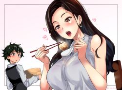 Rule 34 | 1boy, 1girl, age difference, black hair, blush, breasts, brown eyes, chair, chopsticks, collared shirt, dress shirt, earrings, eating, food, heart, holding, holding chopsticks, holding spoon, hoop earrings, jewelry, large breasts, long hair, looking at another, open mouth, original, pukara, see-through, shirt, sleeveless, sleeveless shirt, spoon, tongue, tongue out, vest