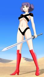 Rule 34 | 1girl, armor, belly, bikini armor, boots, emiya tachi, prime rose, purple hair, sword, weapon